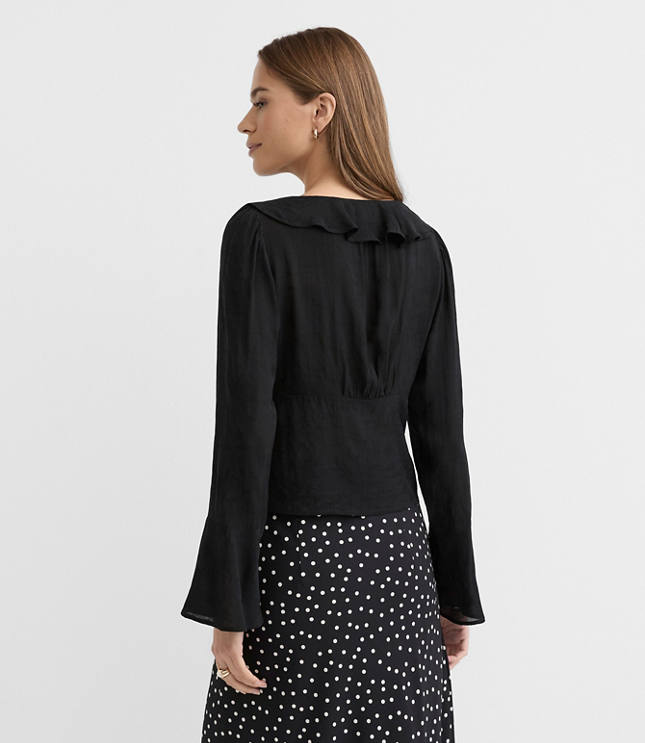 Jacquard Ruffle Tie Neck Blouse