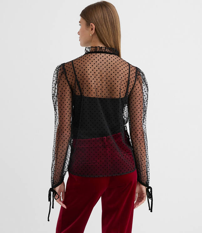 Petite Velvet Dot Tulle Bow Blouse