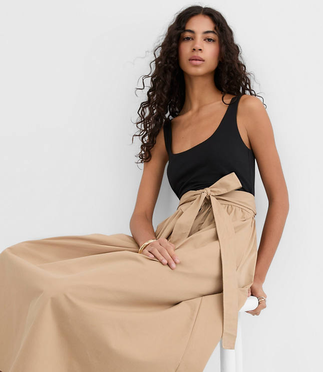 Tie Waist Mixed Media Midi Pocket Dress