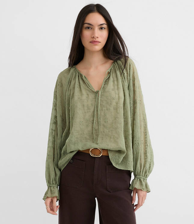 Eyelet Ruffle Cuff Tie Neck Blouse