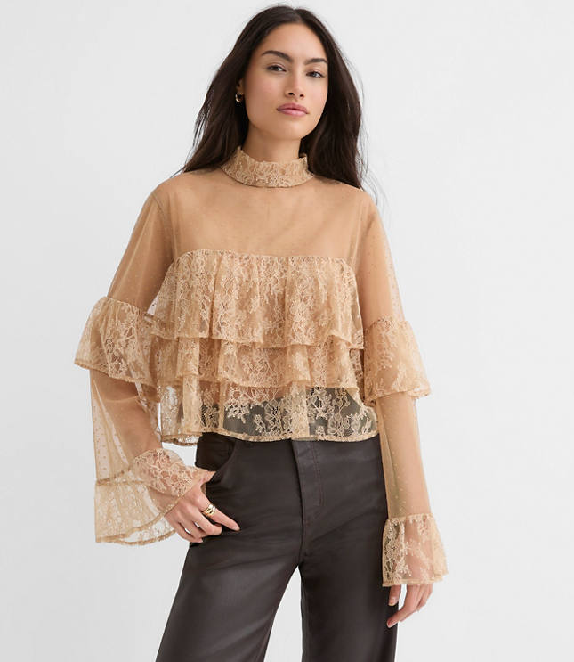 Petite Velvet Dotted Chantilly Lace Ruffle Top