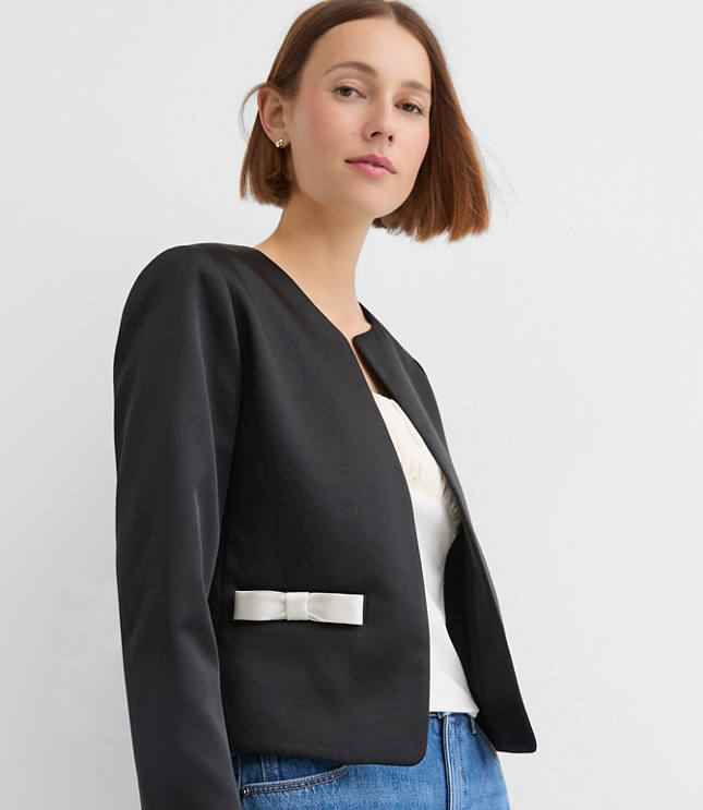 Petite Satin Bow Pocket Collarless Jacket