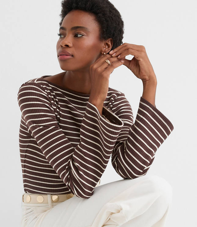 Petite Stripe Ribbed Flare Sleeve Boatneck Top