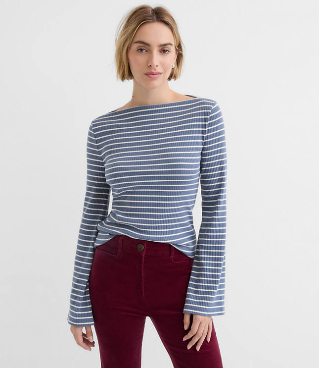 Petite Stripe Ribbed Flare Sleeve Boatneck Top