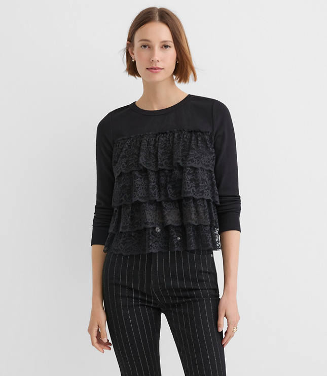 Petite Lace Ruffle Mixed Media Top