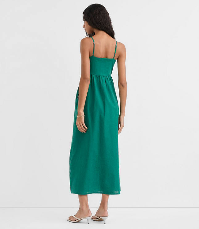 Floral Linen Cotton Strappy Midi Pocket Dress