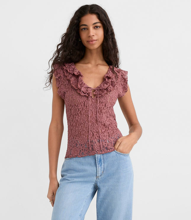 Lace Ruffle Tie Neck Top
