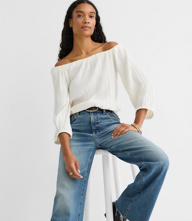 Petite Pleated Off The Shoulder Blouse