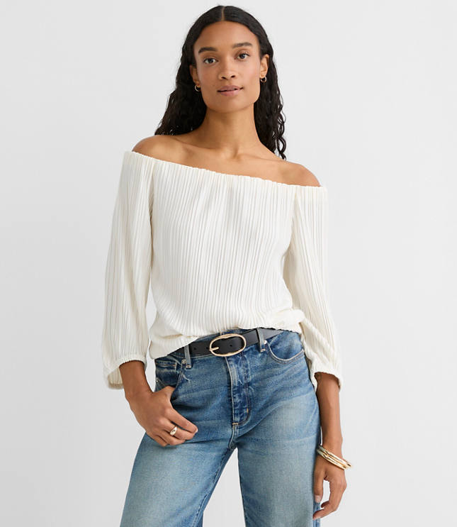 Petite Pleated Off The Shoulder Blouse