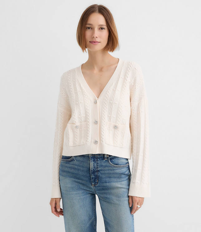 Petite Crystal Button Cable V-Neck Cardigan