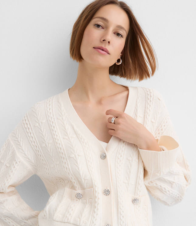 Petite Crystal Button Cable V-Neck Cardigan