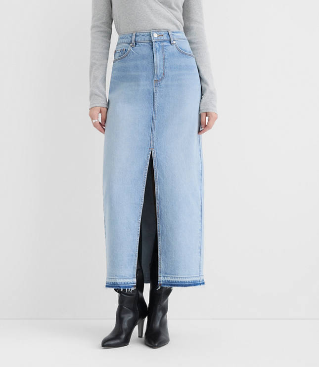 Rivete Front Slit Denim Maxi Skirt in Vintage Light Wash