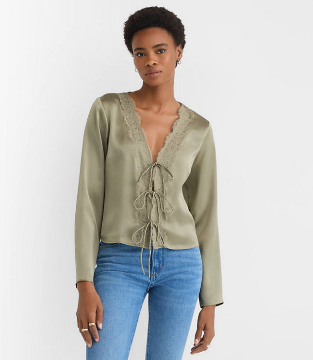 Lace Trim Satin Bow Blouse