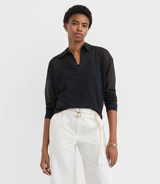 Sheer Collared Split Neck Sweater
