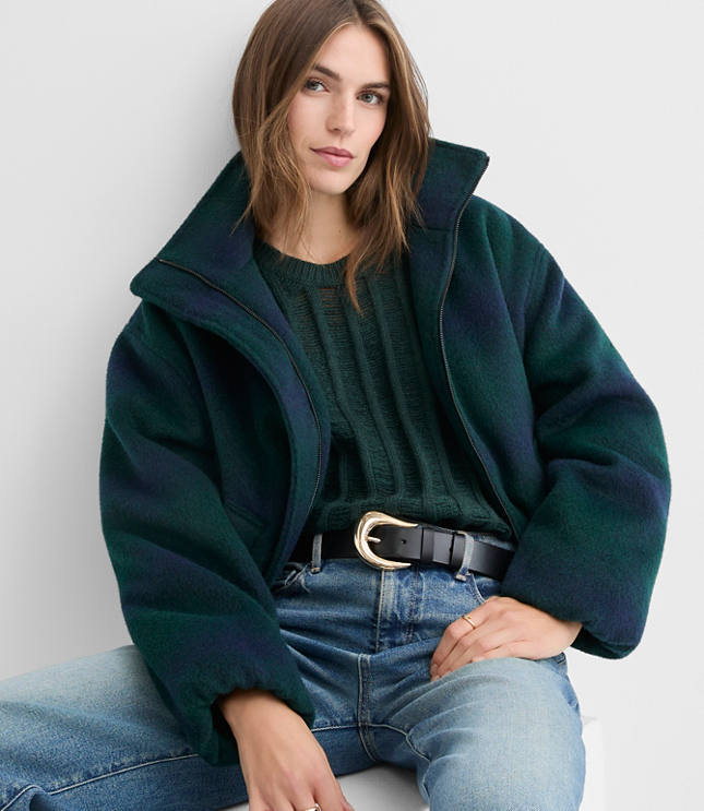 Plaid Funnel Neck Bubble Jacket