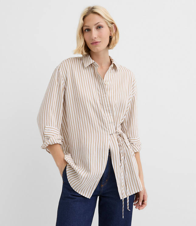 Striped Asymmetrical Side Tie Tunic Shirt