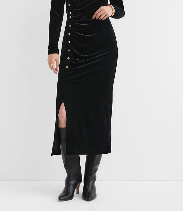 Petite Velvet Ruched Button Midi Skirt