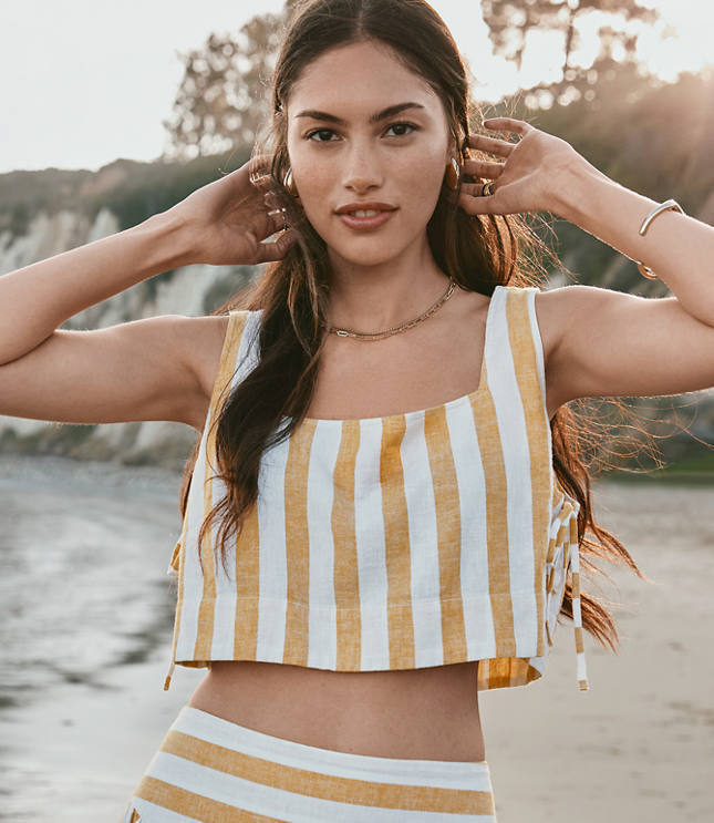 LOFT Beach Striped Side Tie Linen Cotton Crop Top