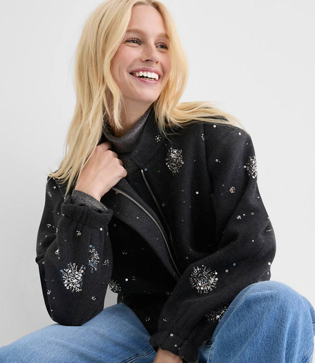 Petite Sequin Embellished Bomber Jacket