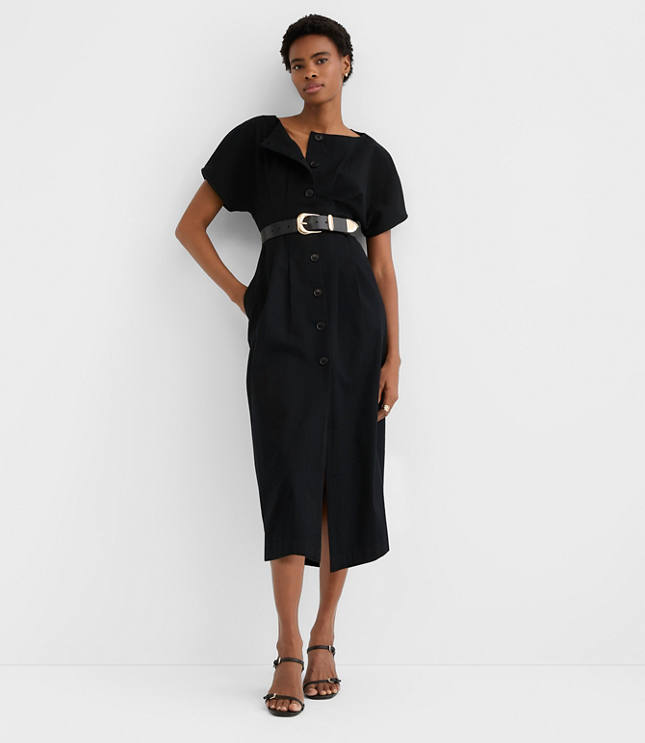 Pleated Barrel Sleeve Midi Pocket Dress
