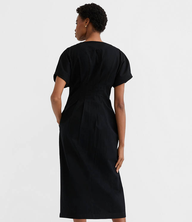 Pleated Barrel Sleeve Midi Pocket Dress
