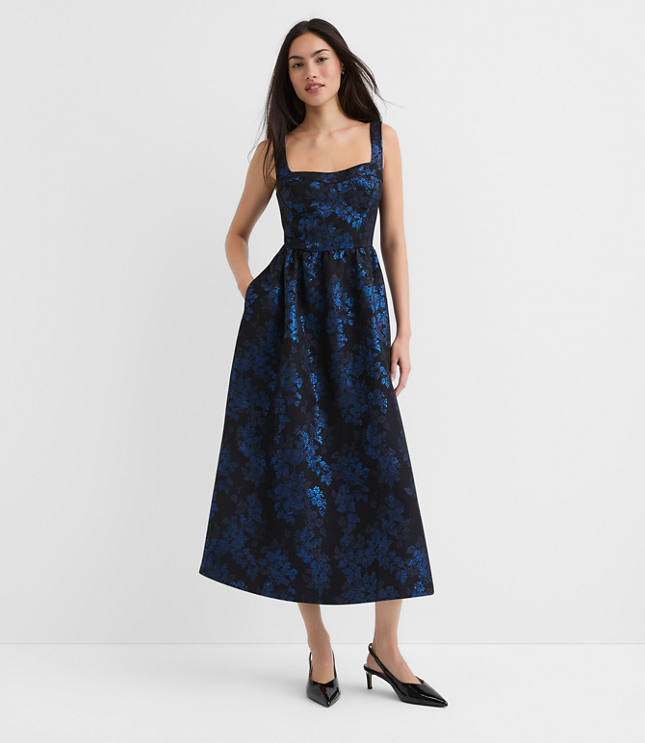 Tall Shimmer Floral Corset Seamed Midi Pocket Dress