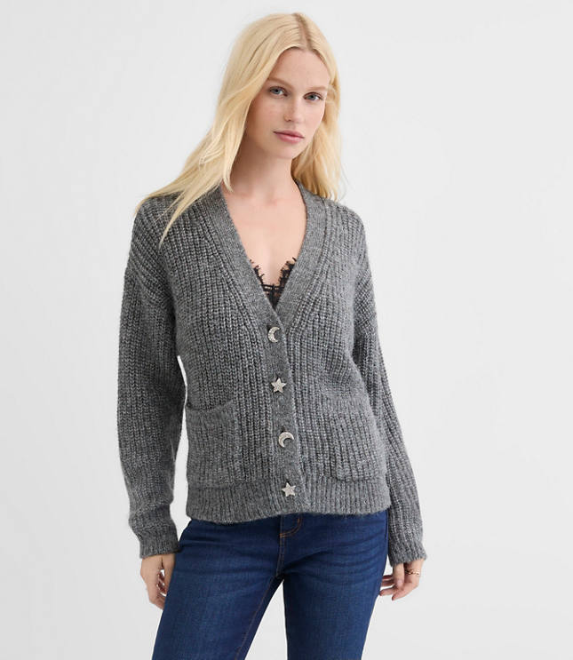 Petite Shimmer Moon & Star Jeweled Button Cardigan