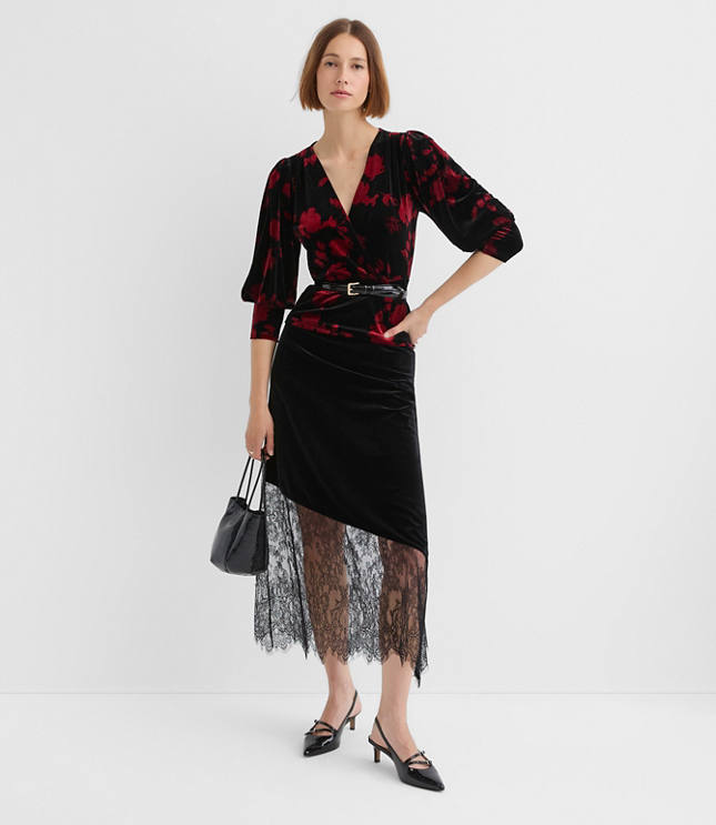 Petite Chantilly Lace Velvet Bias Midi Skirt