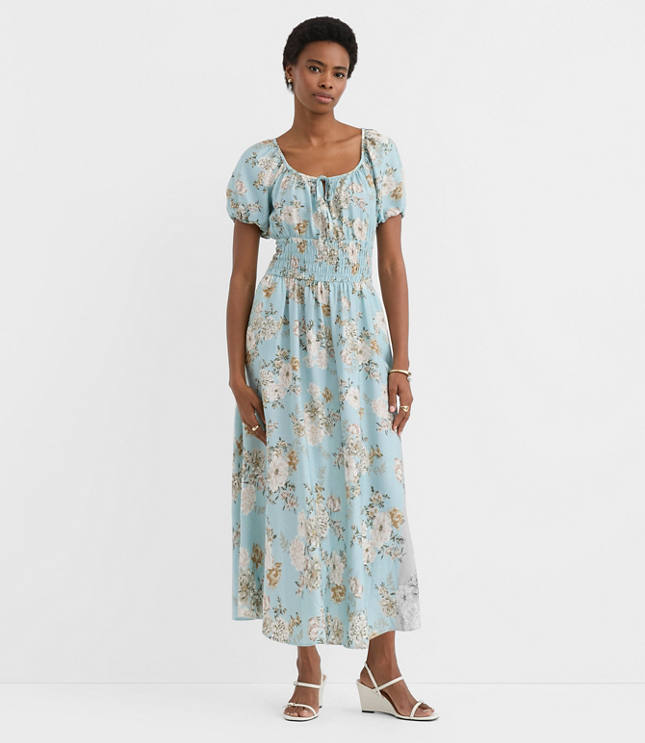 Floral Ruffle Tie Neck Smocked Midi Dress
