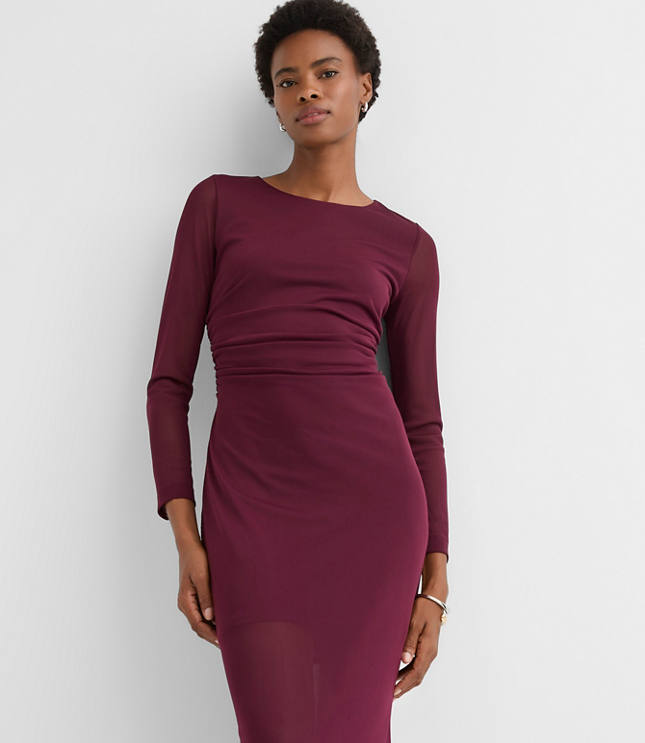 Petite Mesh Ruched Midi Dress