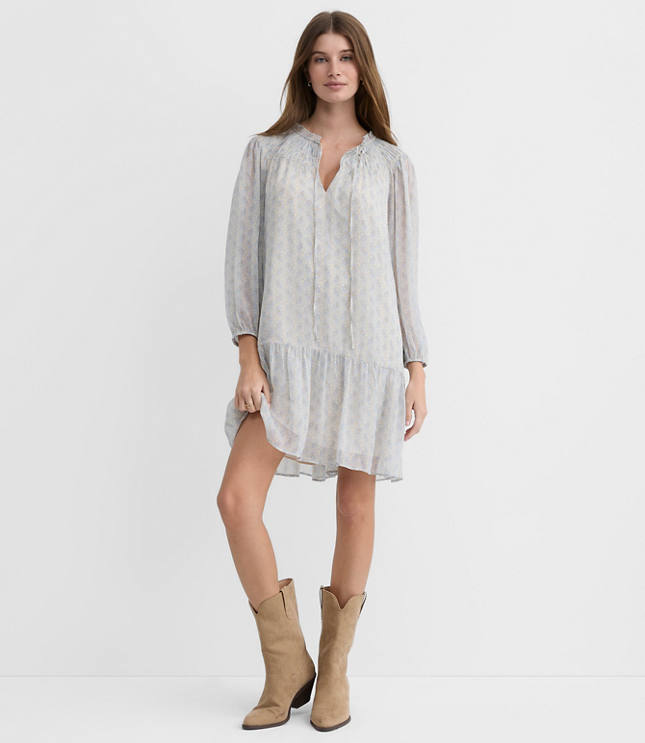 Paisley Smocked Tie Neck Mini Dress