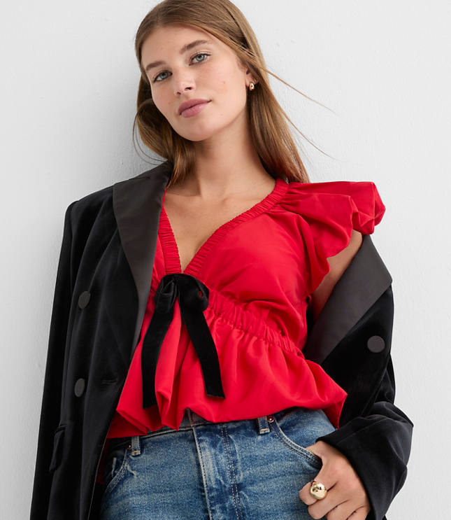 Petite Velvet Bow Flutter Peplum Top
