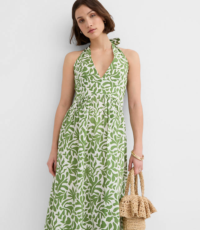 LOFT Beach Palm Linen Cotton Halter Maxi Dress