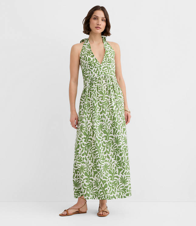 LOFT Beach Palm Linen Cotton Halter Maxi Dress