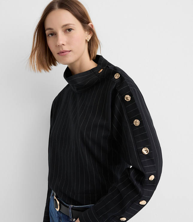 Petite Striped Button Sleeve Mock Neck Shirt