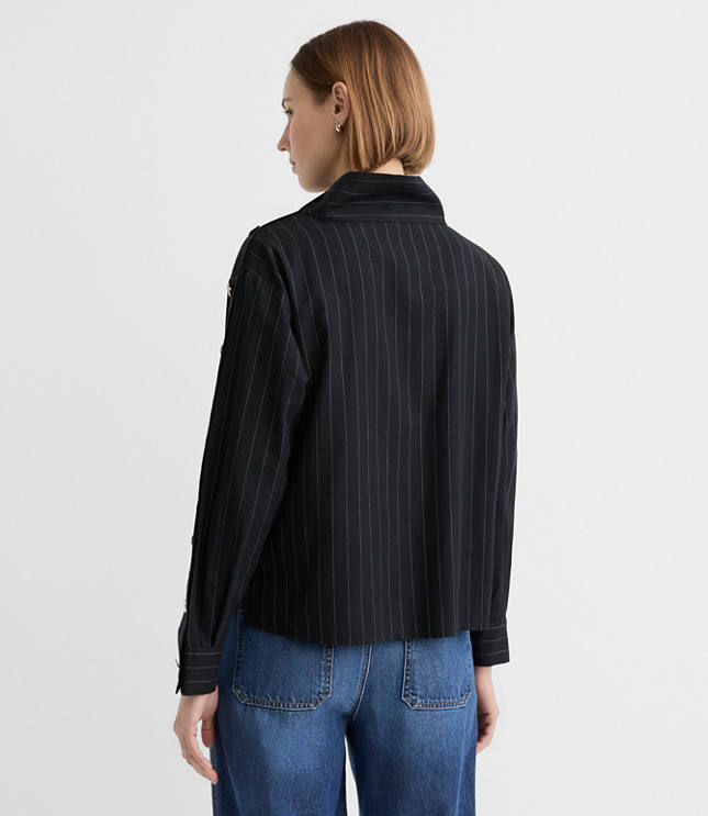 Petite Striped Button Sleeve Mock Neck Shirt