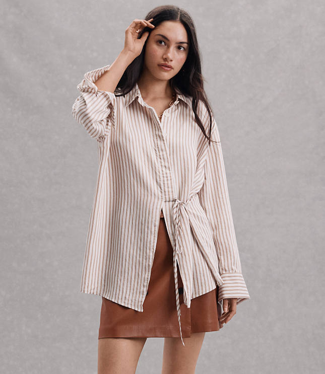 Petite Striped Asymmetrical Side Tie Tunic Shirt