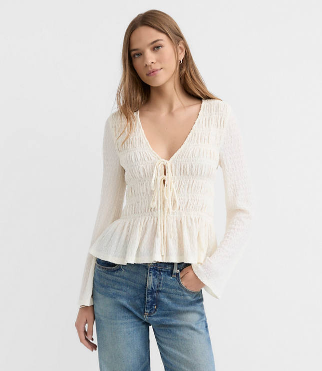 Tie Smocked Flare Sleeve Top