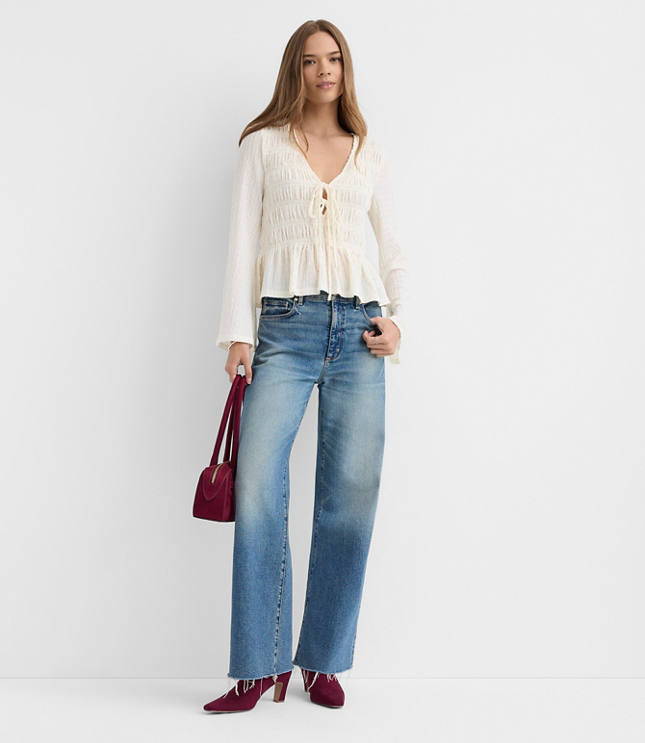 Tie Smocked Flare Sleeve Top