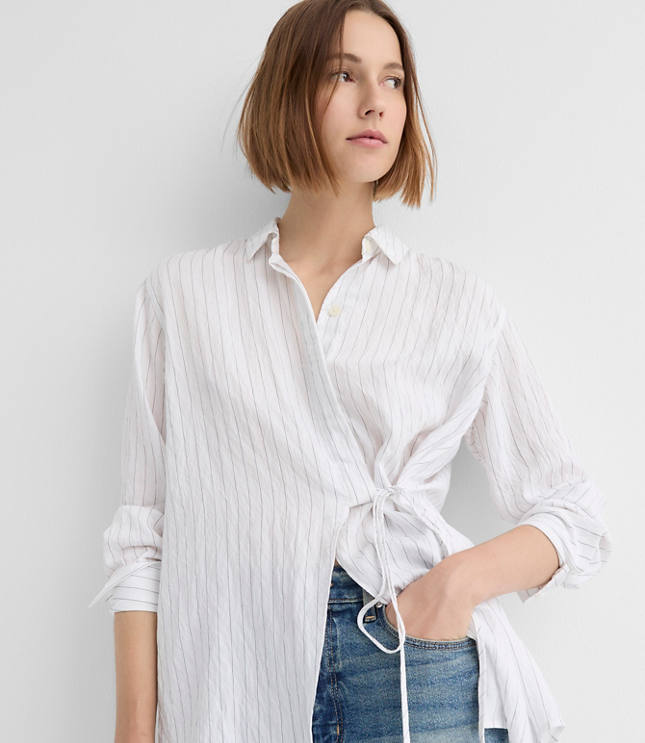 Striped Asymmetrical Side Tie Tunic Shirt
