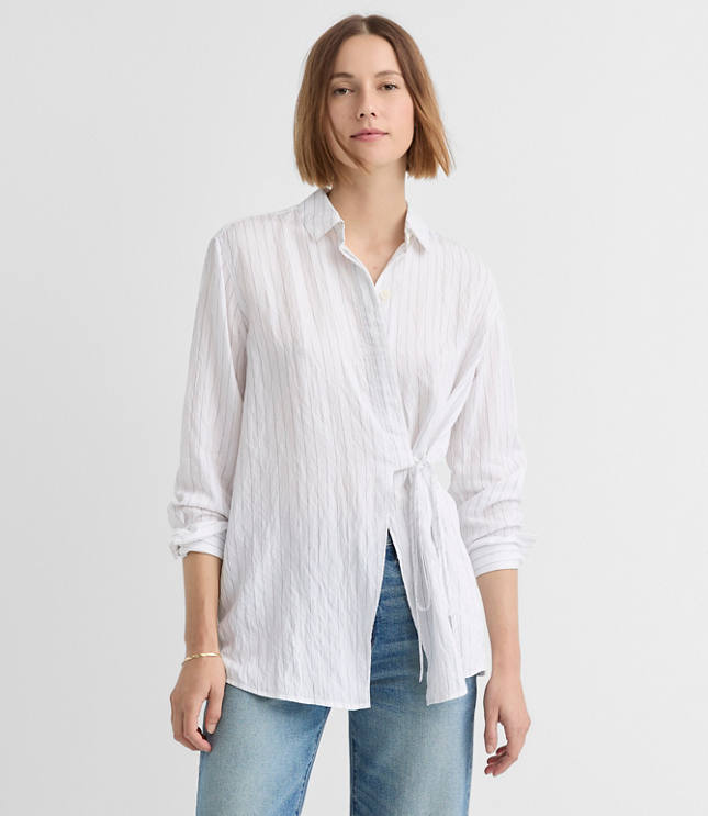 Striped Asymmetrical Side Tie Tunic Shirt