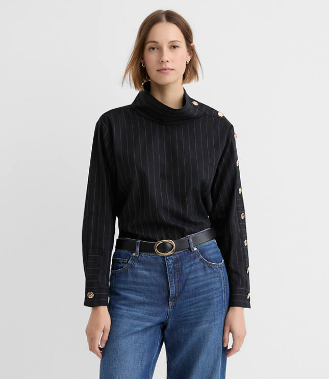 Striped Button Sleeve Mock Neck Shirt