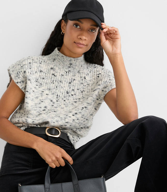 Melange Ribtrim Sleeveless Mock Neck Sweater