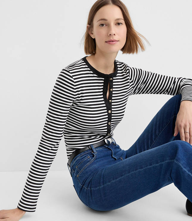 Petite Stripe Metallic Button Henley Top