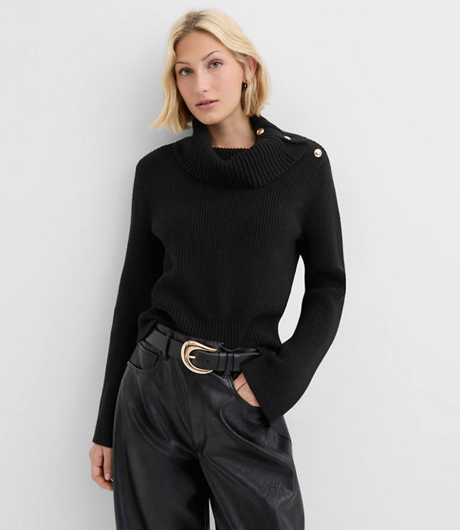 Petite Button Neck Flare Sleeve Sweater
