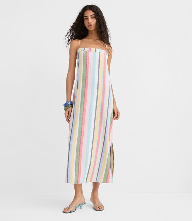 Rainbow Stripe Linen Cotton Strappy Maxi Dress carousel Product Image 2