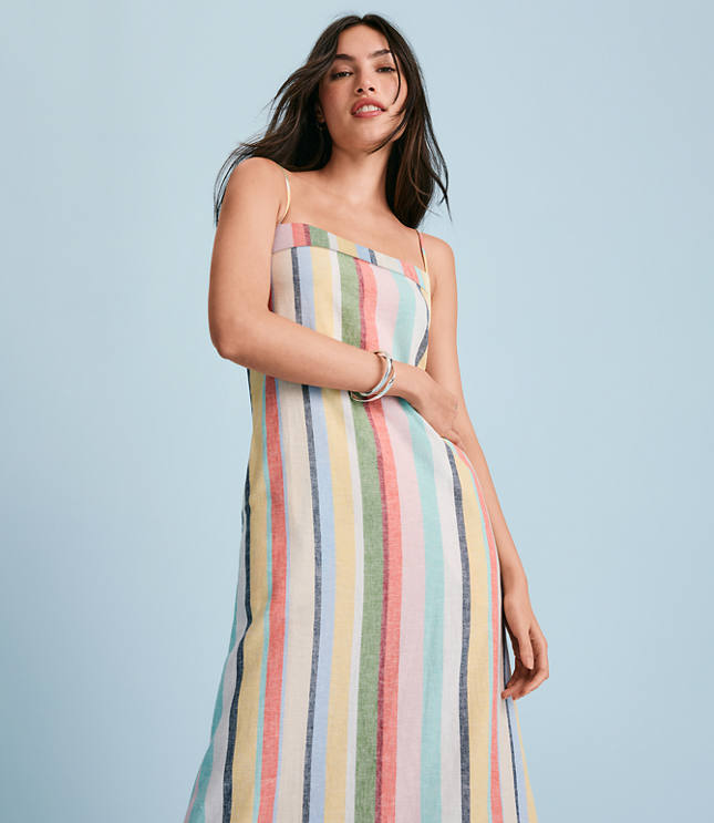 Rainbow Stripe Linen Cotton Strappy Maxi Dress carousel Product Image 4