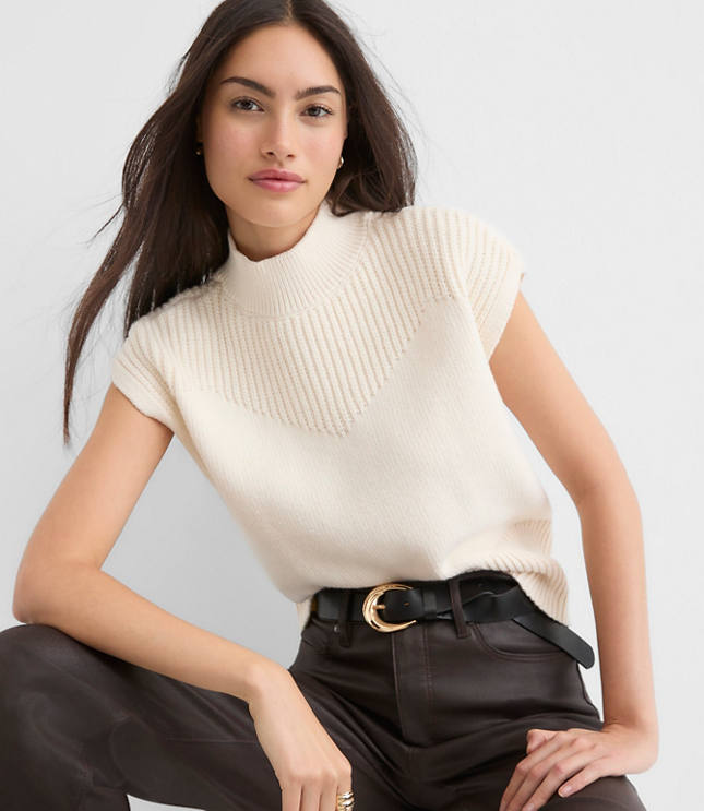 Ribtrim Sleeveless Mock Neck Sweater