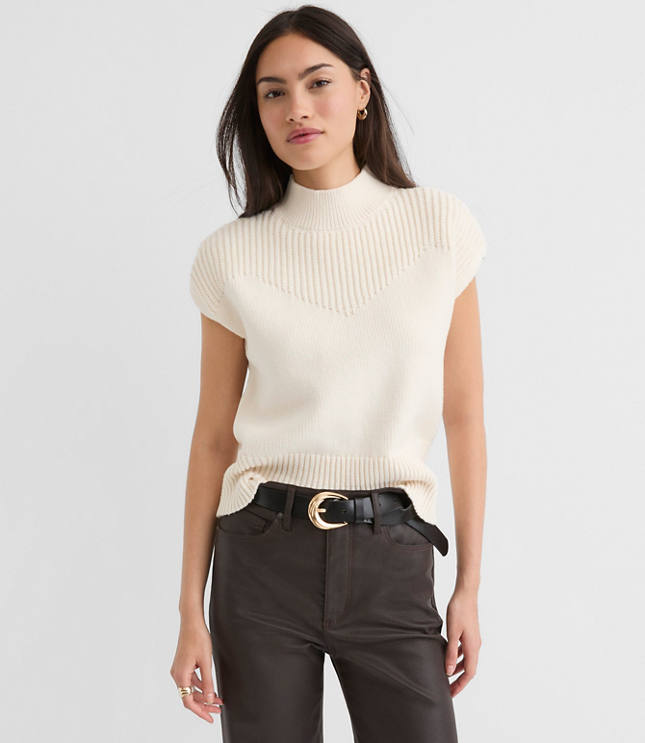 Ribtrim Sleeveless Mock Neck Sweater