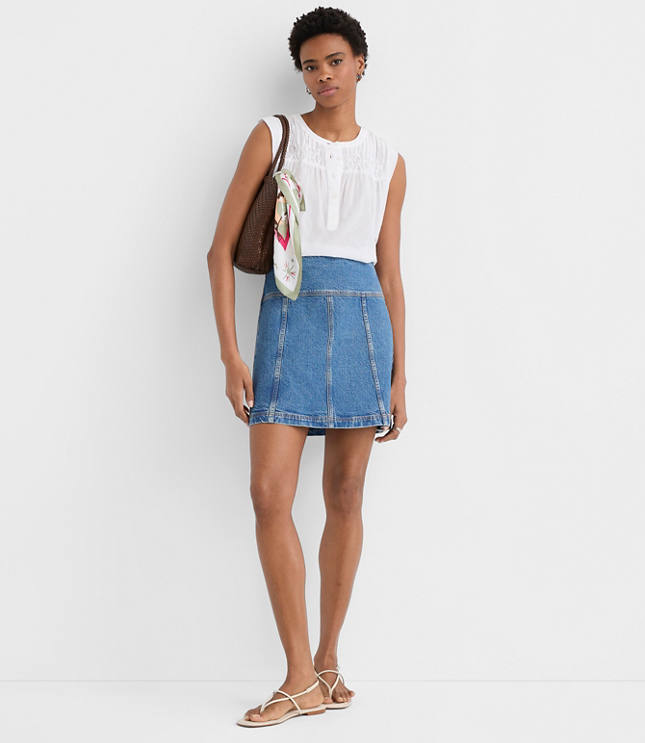 Seamed Denim Mini Skirt in Light Wash Indigo
